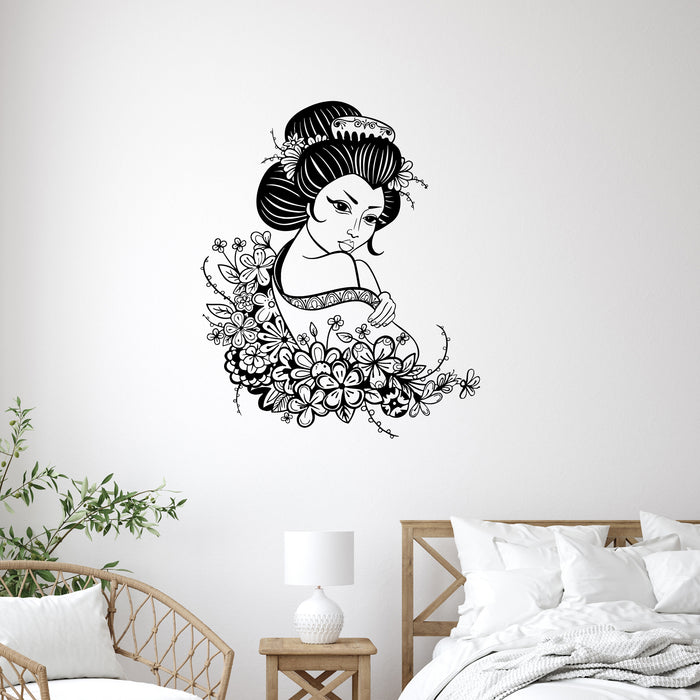 Vinyl Wall Decal Geisha Japan Japanese Flowers Asian Art Stickers Unique Gift (ig3516)