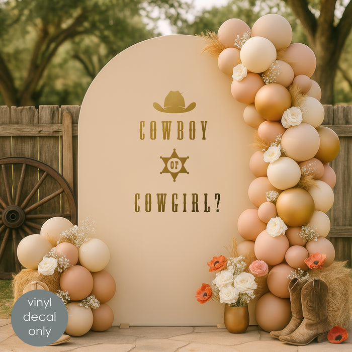 Western theme vinyl decal “Cowboy or Cowgirl?” with cowboy hat and sheriff star, applied on party backdrop with balloons and boots for gender reveal celebration.