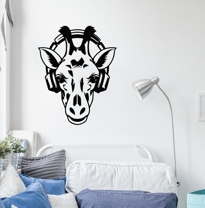 Vinyl Wall Decal Giraffe Head With Headphones Teen Room Decor Stickers Mural (g9651)