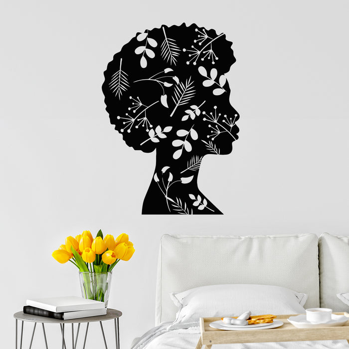 Vinyl Wall Decal Elegant Black Woman Silhouette with Floral Hair Beauty Salon Stickers Mural (g9991)
