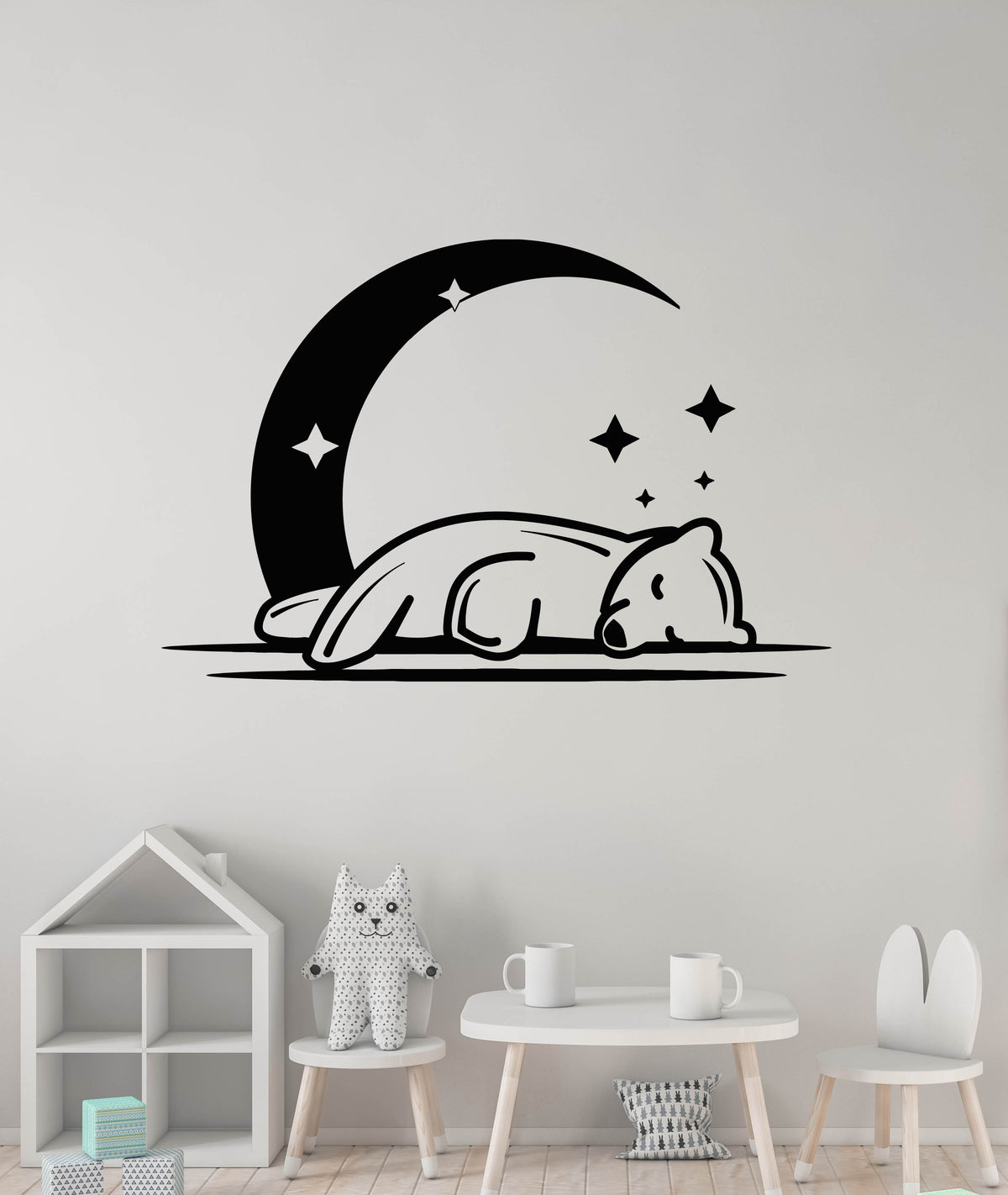 Vinyl Wall Decal Bear Sleeping Crescent Moon Baby Room Good Night Stic ...