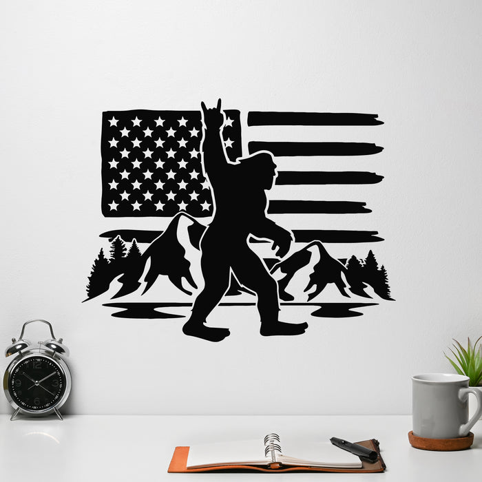 Vinyl Wall Decal Mythical Humanoid Creature Bigfoot Wild Nature USA Flag Stickers Mural (g9026)