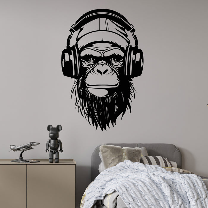 Vinyl Wall Decal Gorilla Head Funky Monkey With Headphones Music Stickers Mural (g9831)