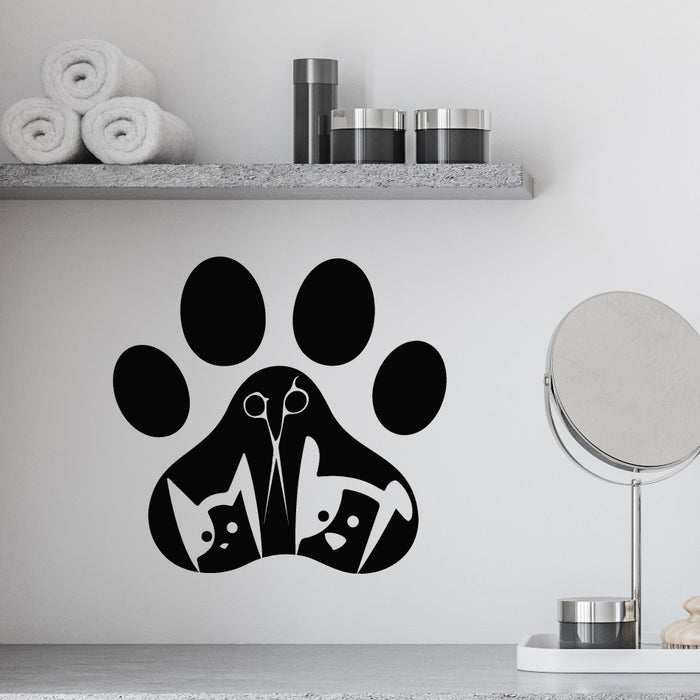 Vinyl Wall Decal Paw Print Pet Grooming Shop Pets Care Scissors Stickers Mural (g9770)