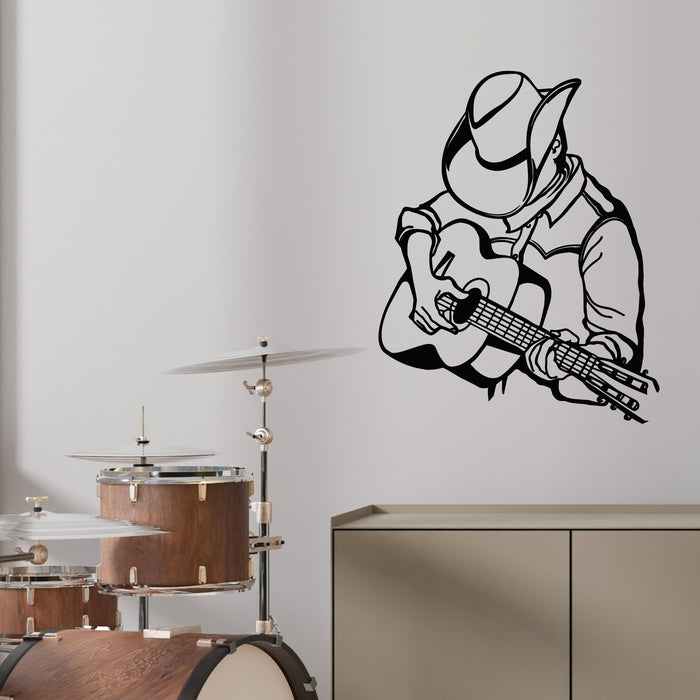 Vinyl Wall Decal American Cowboy Hat Playing Guitar Acoustic Stickers Mural (g9526)