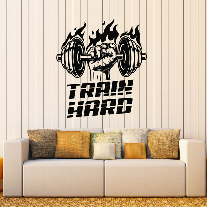 Vinyl Wall Decal Train Hard Barbell Gym Fitness Iron Sport Stickers Mural (g8519)