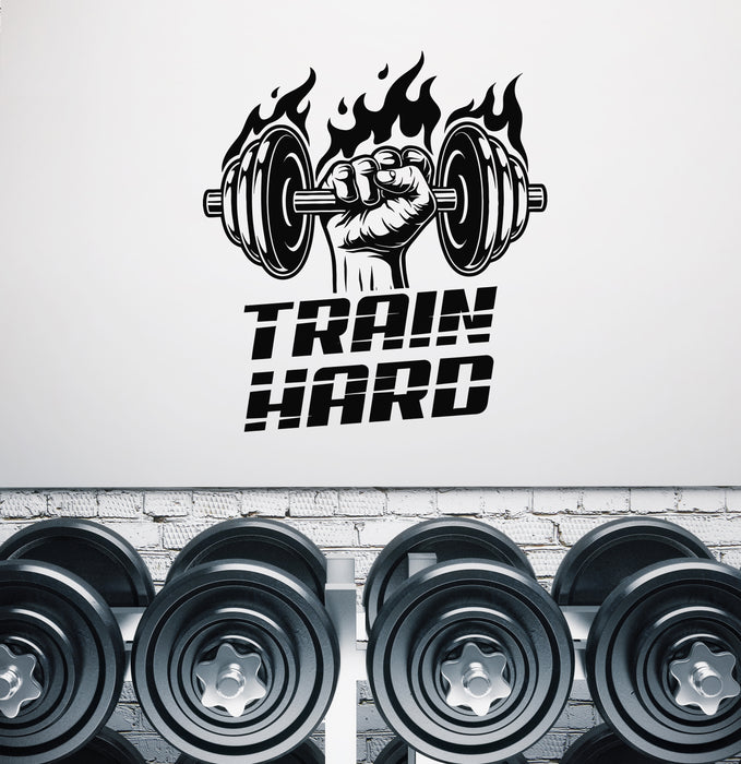 Vinyl Wall Decal Train Hard Barbell Gym Fitness Iron Sport Stickers Mural (g8519)