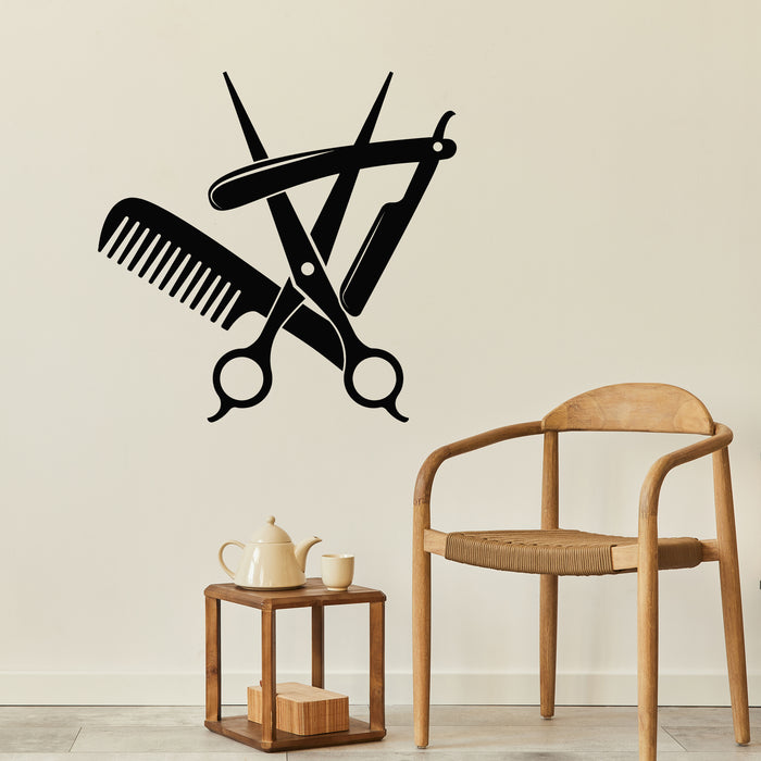 Vinyl Wall Decal Hair Salon Silhouette of Scissors and Hairdresser Comb Stickers Mural (L108)