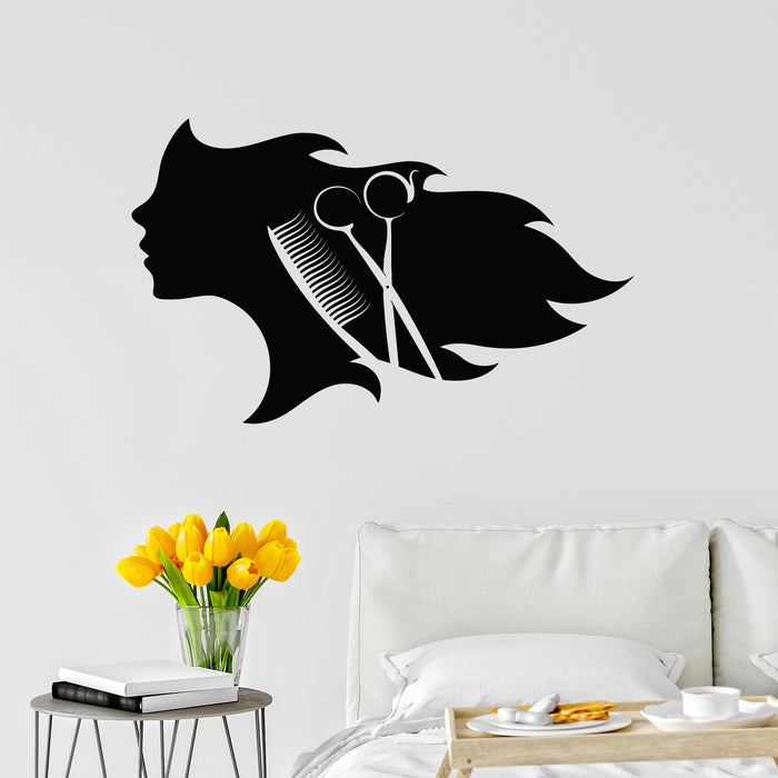 Vinyl Wall Decal Scissors And Comb For Beauty Salon Hairdresser Woman With Long Hair Stickers Mural (g9568)