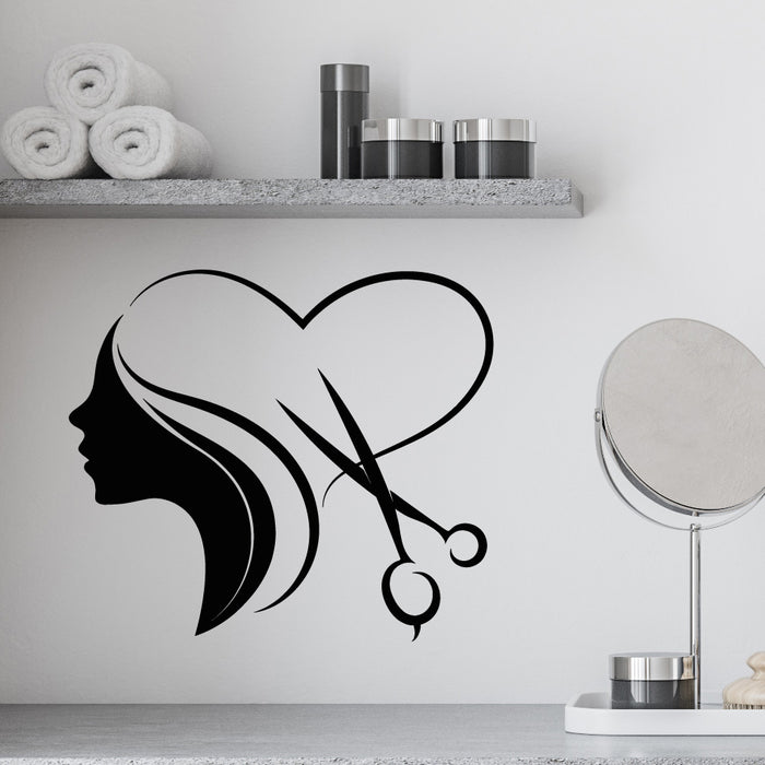 Vinyl Wall Decal Silhouette Girl Hair Form Heart Scissors Beauty Salon Stickers Mural (g9828)