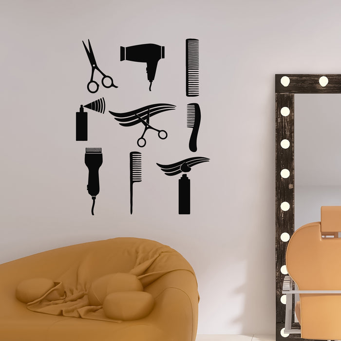 Vinyl Wall Decal Set Of Hairdresser Tools Barber Shop Icon Stickers Mural (g9865)