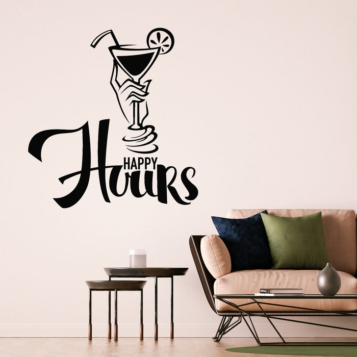 Vinyl Wall Decal Lettering Happy Hours Cocktail Glass Martini Bar Stickers Mural (g8844)