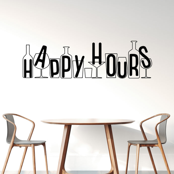 Vinyl Wall Decal Happy Hours Beer Wine Bottle Alcohol Cocktail Glass Stickers Mural (g8980)