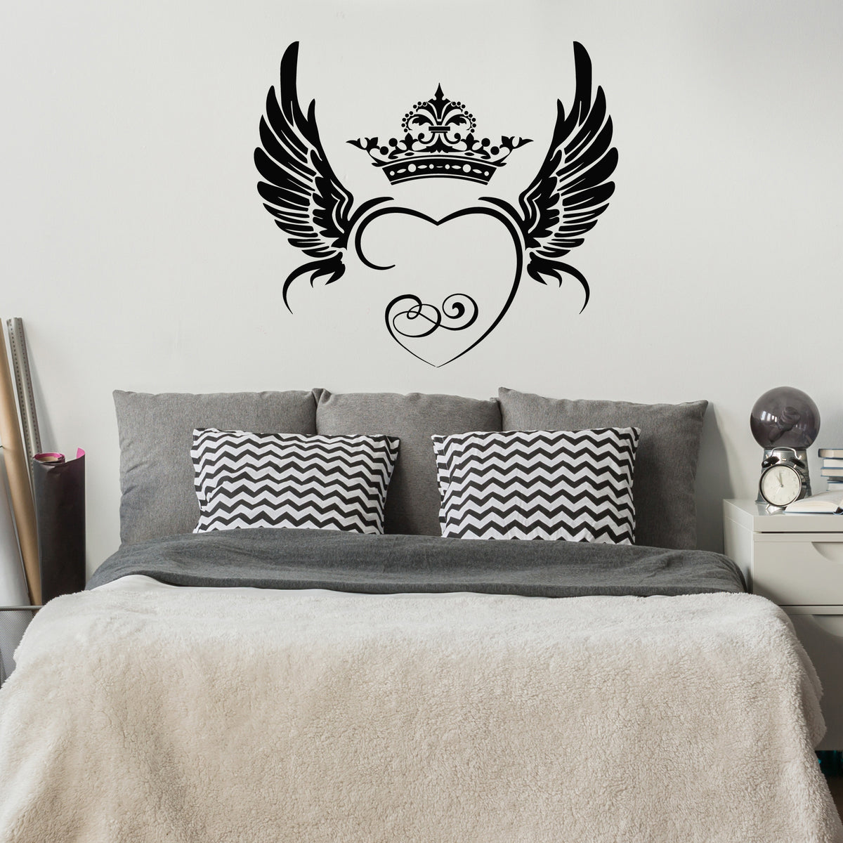Vinyl Wall Decal Heart With Wings Sketch Crown Bedroom Decor Stickers ...