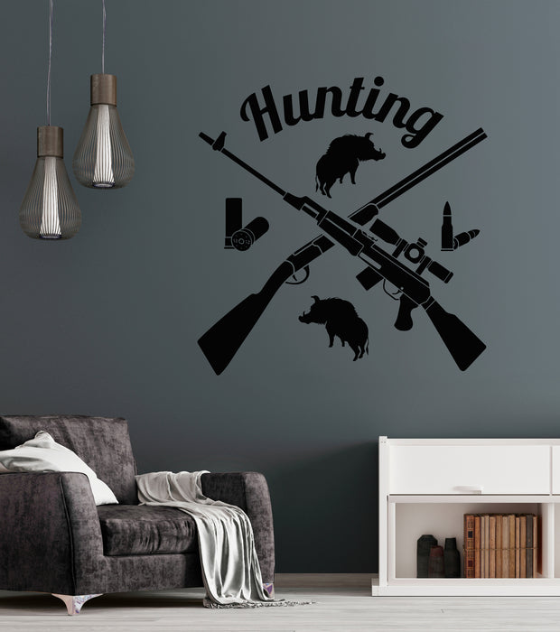 Vinyl Wall Decal Hunting Emblem Crossed Hunting Gun Rifle Silhouettes Boar Stickers Mural (g8506)
