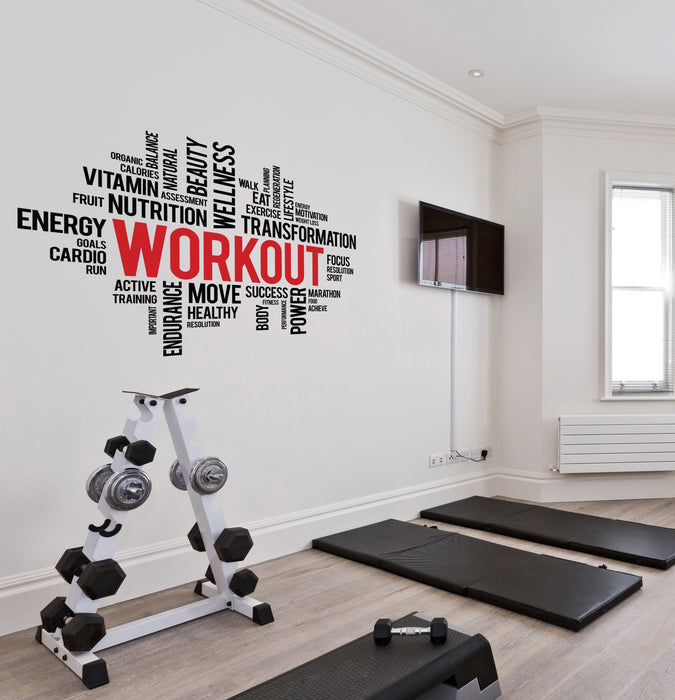 Workout Vinyl Wall Decal Workout Custom Choose Your Colors Word Cloud Wellness Health Gym Fitness Center Sport Motivational Sticker Mural (ig6249)