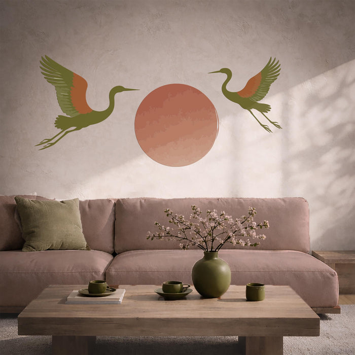 Colorful Japandi  Cranes Sun Nature Wall Mural Vinyl Art z5528