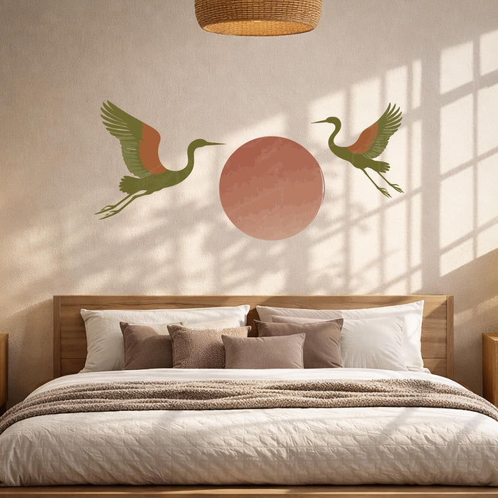 Colorful Japandi  Cranes Sun Nature Wall Mural Vinyl Art z5528
