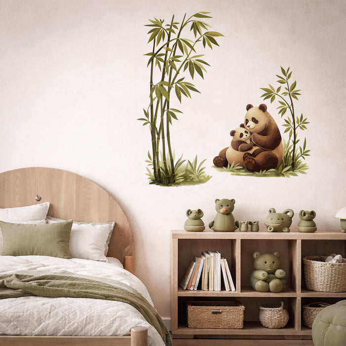 Colorful Japandi  Panda Mother Kid Bamboo Tree Nature Wall Mural z5530