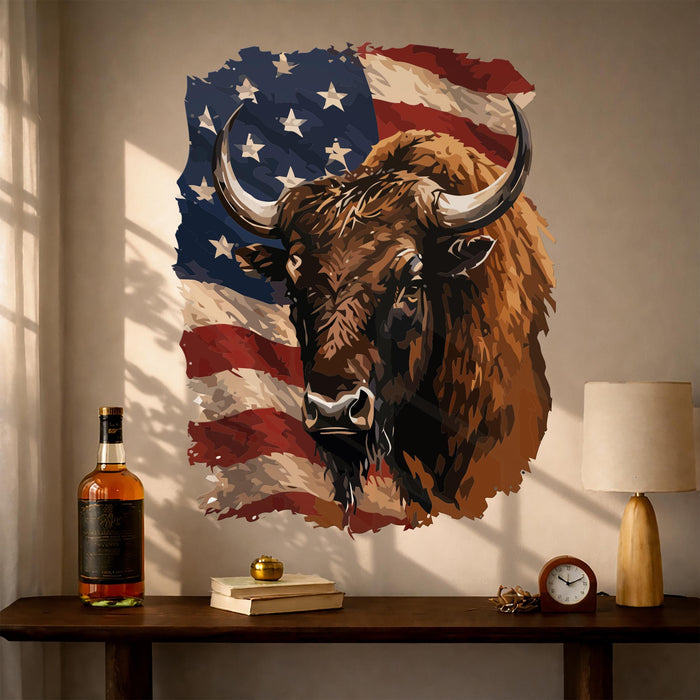 Modern Farmhouse Rustic Lake House Wall Art Buffalo Bull & US Flag Decor z5615
