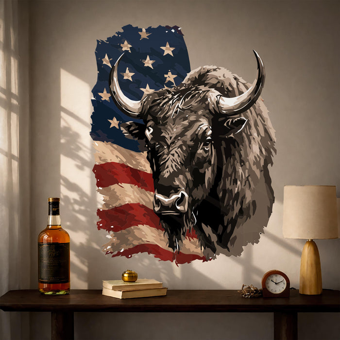 Colorful  Rustic  Wall Art Buffalo Bull & US Flag Decor z5617