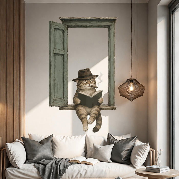 Colorful Book Corner Reaading Cat In Hat Wall Decal z5625
