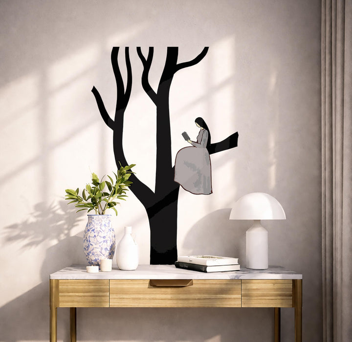 Colorful Book Corner Reaading Girl Tree Wall Decal z5627
