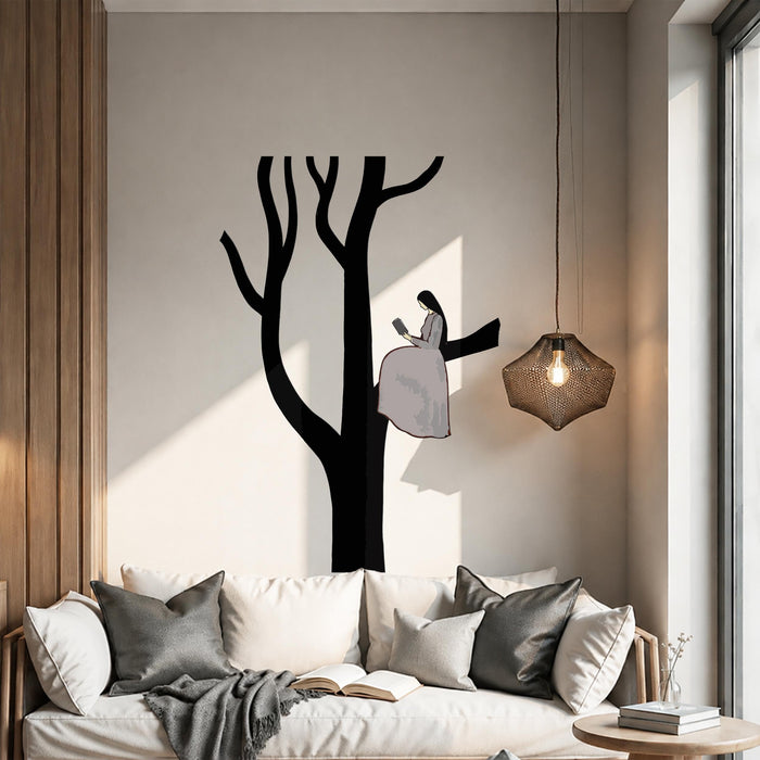 Colorful Book Corner Reaading Girl Tree Wall Decal z5627