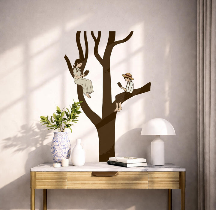 Scandinavian Style Reaading Decor Book Tree Boy And Girl Wall Decal z5629