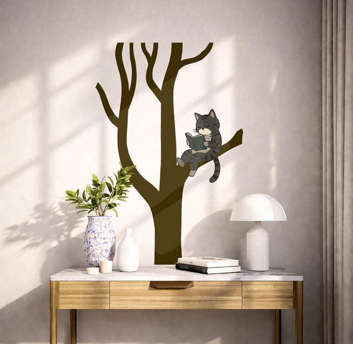 Scandinavian Style Cat Reading Tree Wall Decal: Kids Book Decor z5630
