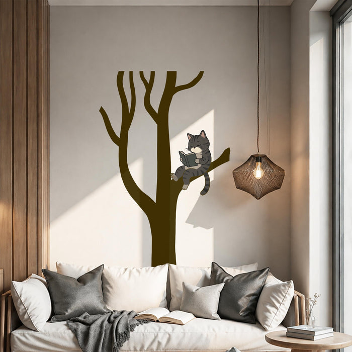 Scandinavian Style Cat Reading Tree Wall Decal: Kids Book Decor z5630