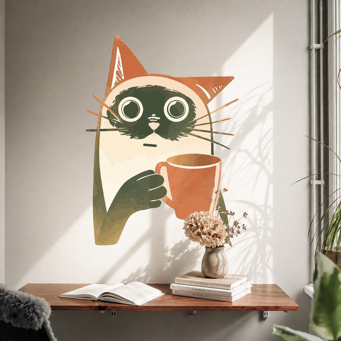 Colorful Wall Art Cat With Cup of Coffee Vinyl Mural z5654