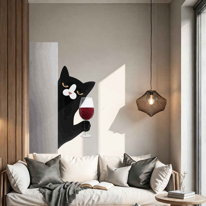 Colorful Wall Art Cat With Glass of Wine Vinyl Mural z5659