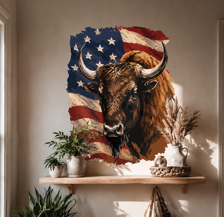 Modern Farmhouse Rustic Lake House Wall Art Buffalo Bull & US Flag Decor z5615