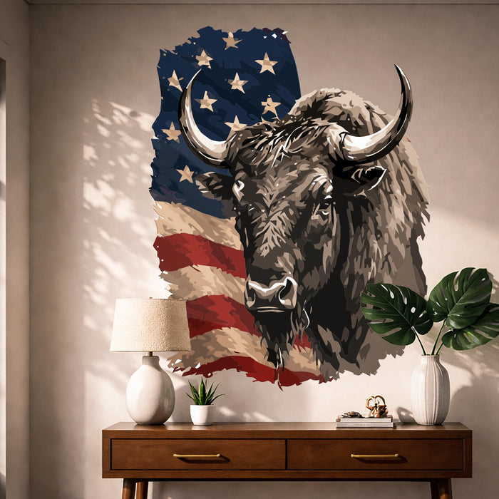 Colorful  Rustic  Wall Art Buffalo Bull & US Flag Decor z5617