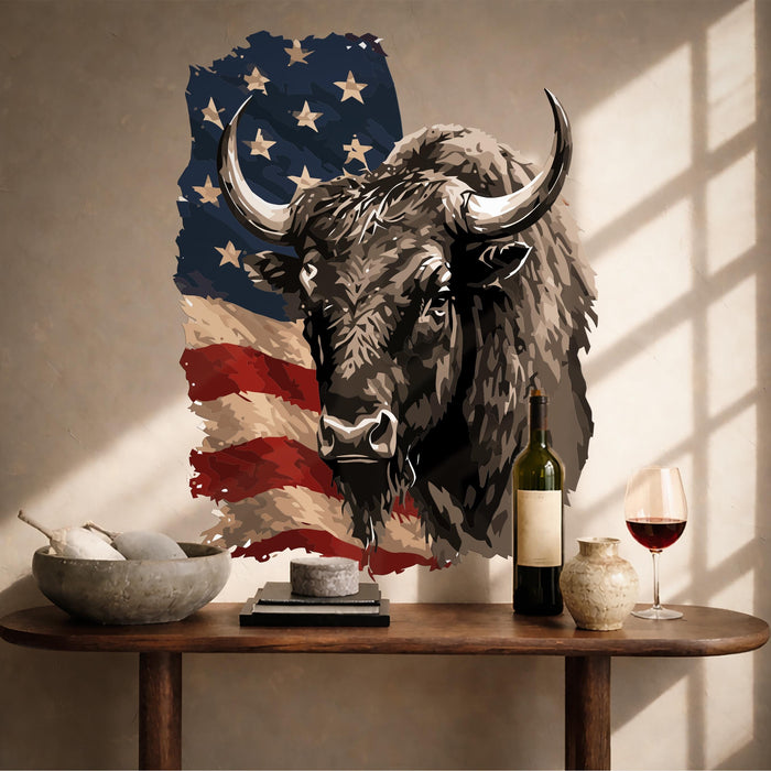 Colorful  Rustic  Wall Art Buffalo Bull & US Flag Decor z5617