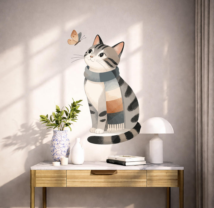 Colorful Wall Art Cat in Scarf Butterfly Vinyl Decal z5666