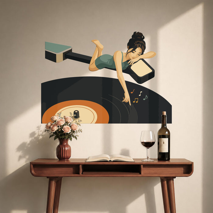 Colorful Mid Century Modern  Music Vinyl Player Girl Decal z5668