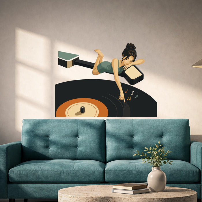 Colorful Mid Century Modern  Music Vinyl Player Girl Decal z5668