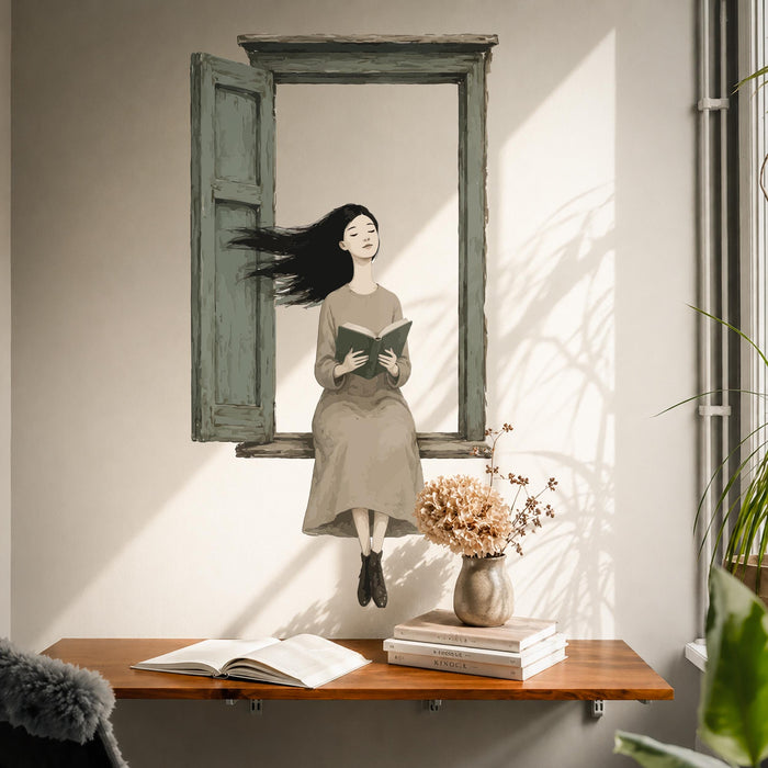 Colorful Style Book Corner Reaading Girl Wall Decal z5623