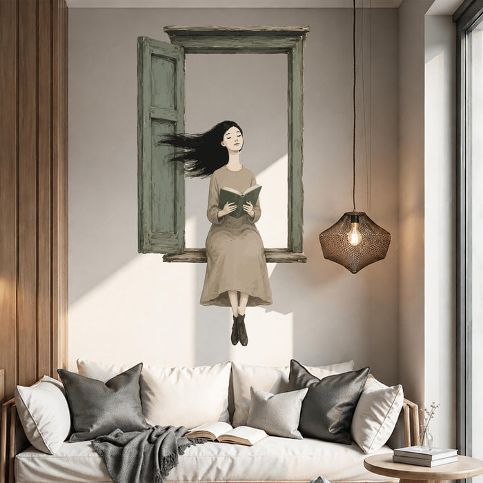 Colorful Style Book Corner Reaading Girl Wall Decal z5623