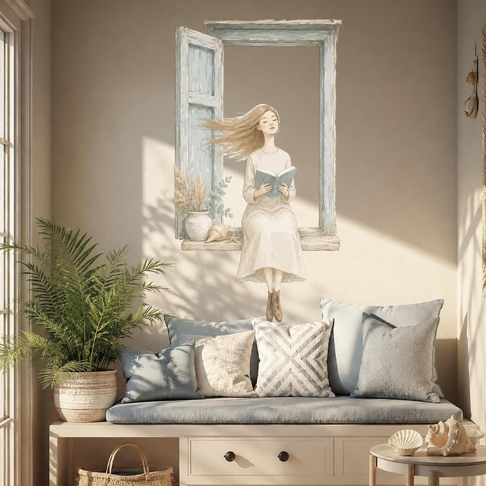 Coastal Style Book Corner Reaading Girl Window Wall Decal z5624