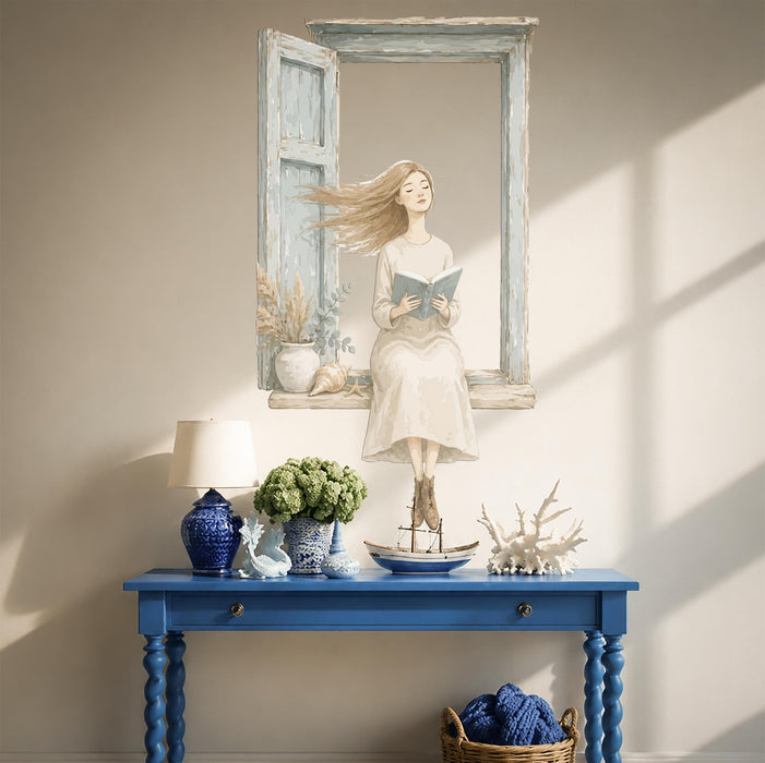 Coastal Style Book Corner Reaading Girl Window Wall Decal z5624