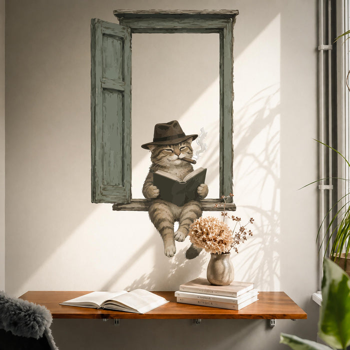 Colorful Book Corner Reaading Cat In Hat Wall Decal z5625