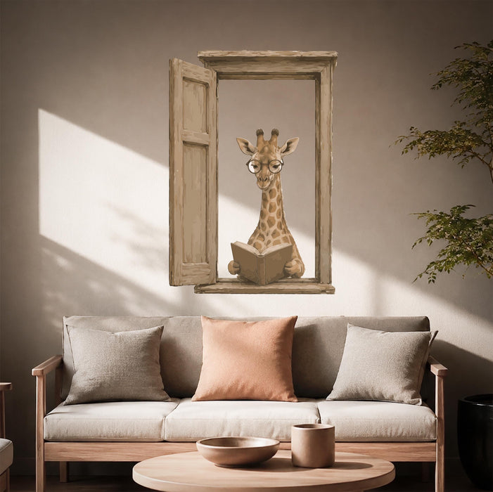 Japandi Style Book Corner Reaading Giraffe In Glasses Wall Decal z5626