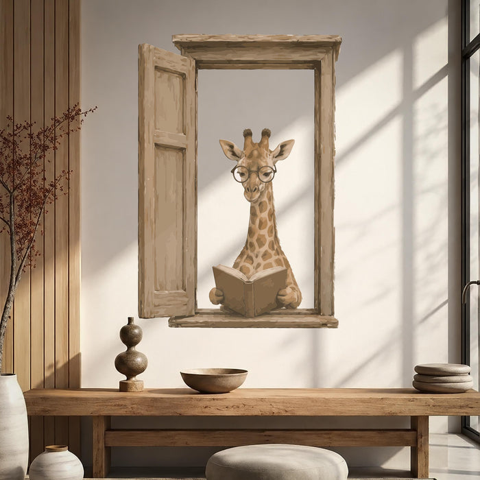 Japandi Style Book Corner Reaading Giraffe In Glasses Wall Decal z5626