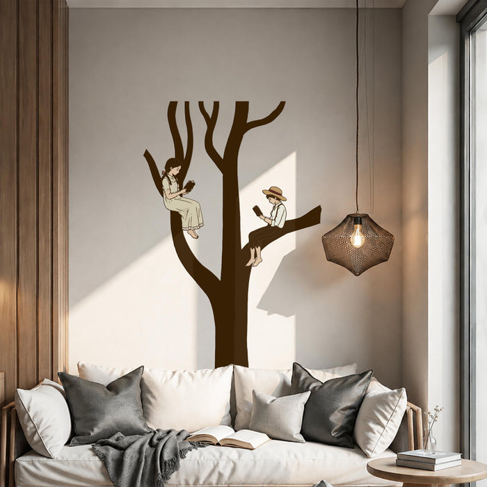Scandinavian Style Reaading Decor Book Tree Boy And Girl Wall Decal z5629