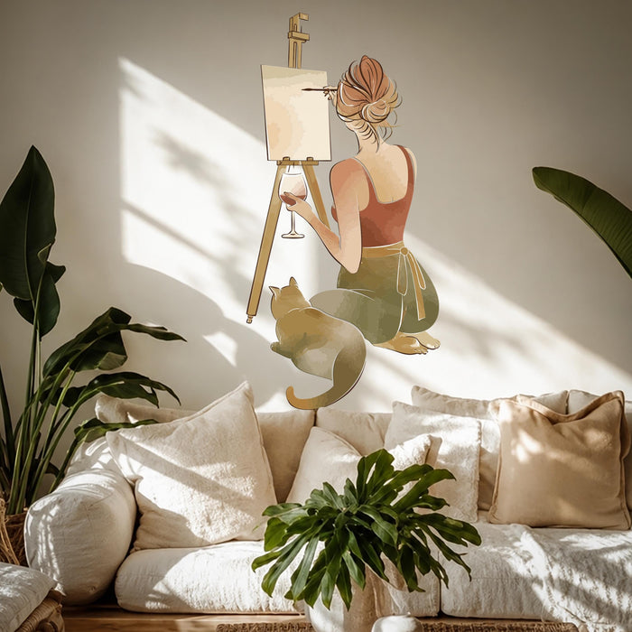 Colorful Wall Decal Girl And Cat Painting Vinyl Art z5679