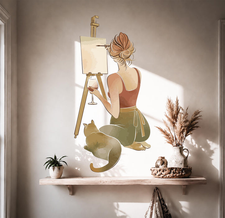 Colorful Wall Decal Girl And Cat Painting Vinyl Art z5679