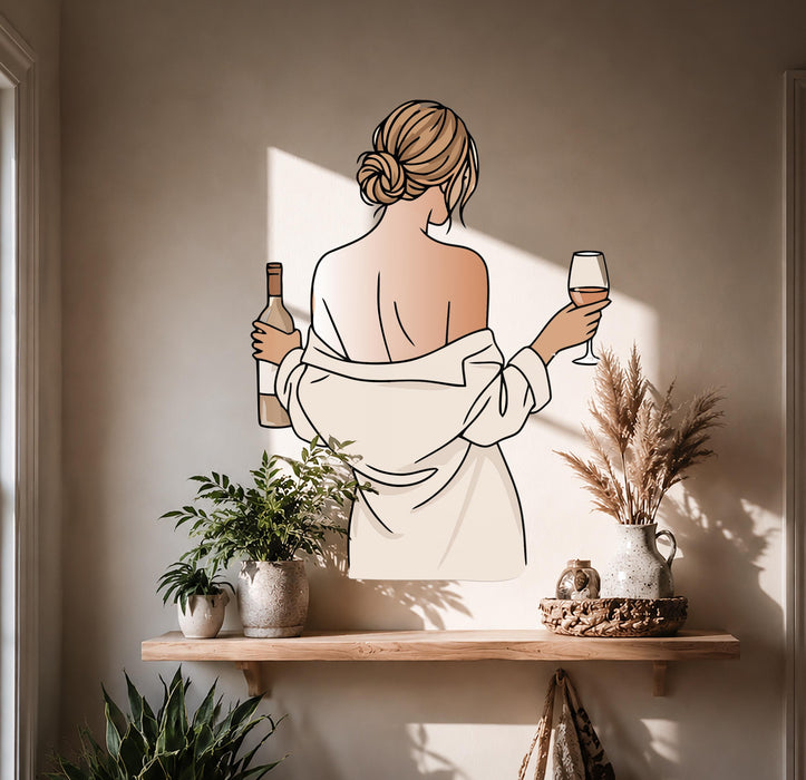 Colorful Wall Art Girl And Wine Vinyl Art Decal z5642